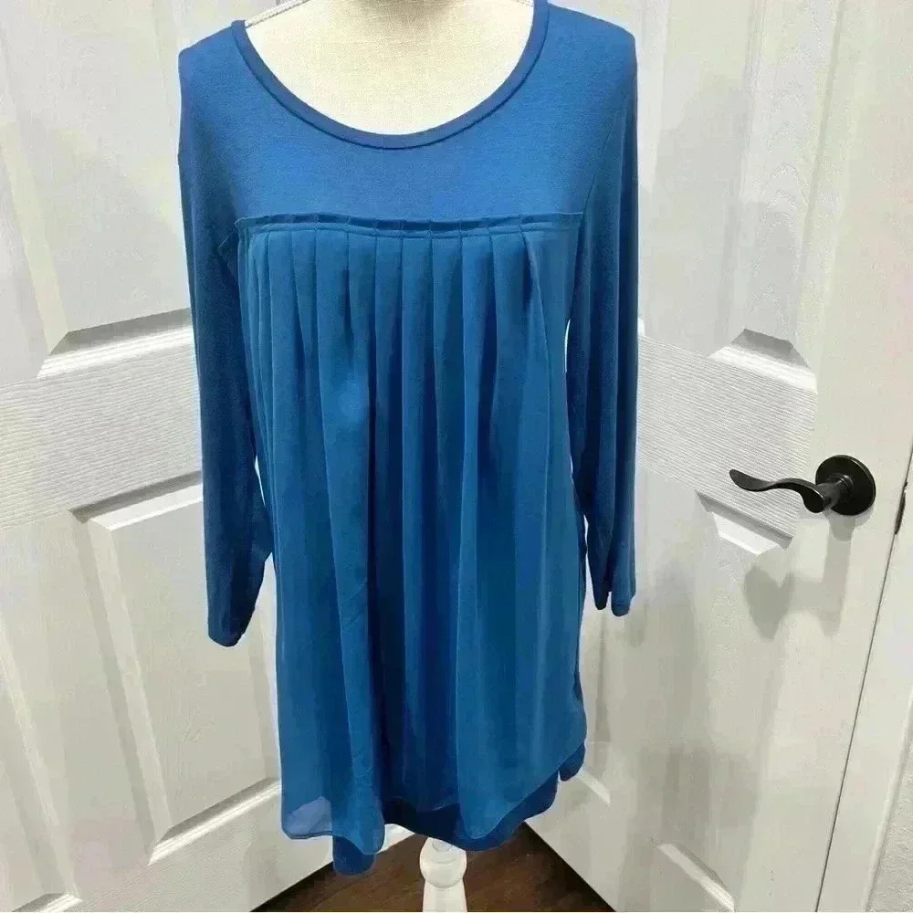 Logo by Lori Goldstein Blue long sleeve pleated front oversized blouse shirt